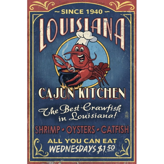 Louisiana, Cajun Kitchen Crawfish Vintage Sign (16x24 Giclee Gallery Art Print, Vivid Textured Wall Decor)