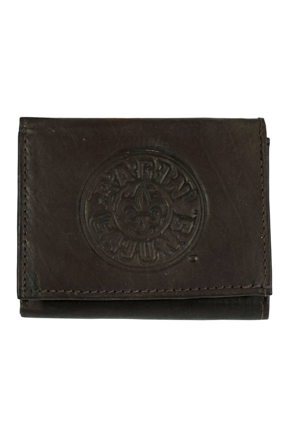 Louisiana Lafayette NCAA Ragin Cajuns Embossed Trifold Wallet - Soft Dark Brown Leather - with Worn Distressed Look