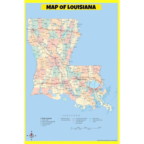 Louisiana Map Poster - Laminated Wall Map - Style A - 24x36 - Ideal for Classrooms and Homes – Features Bright Colors and Vivid Imagery