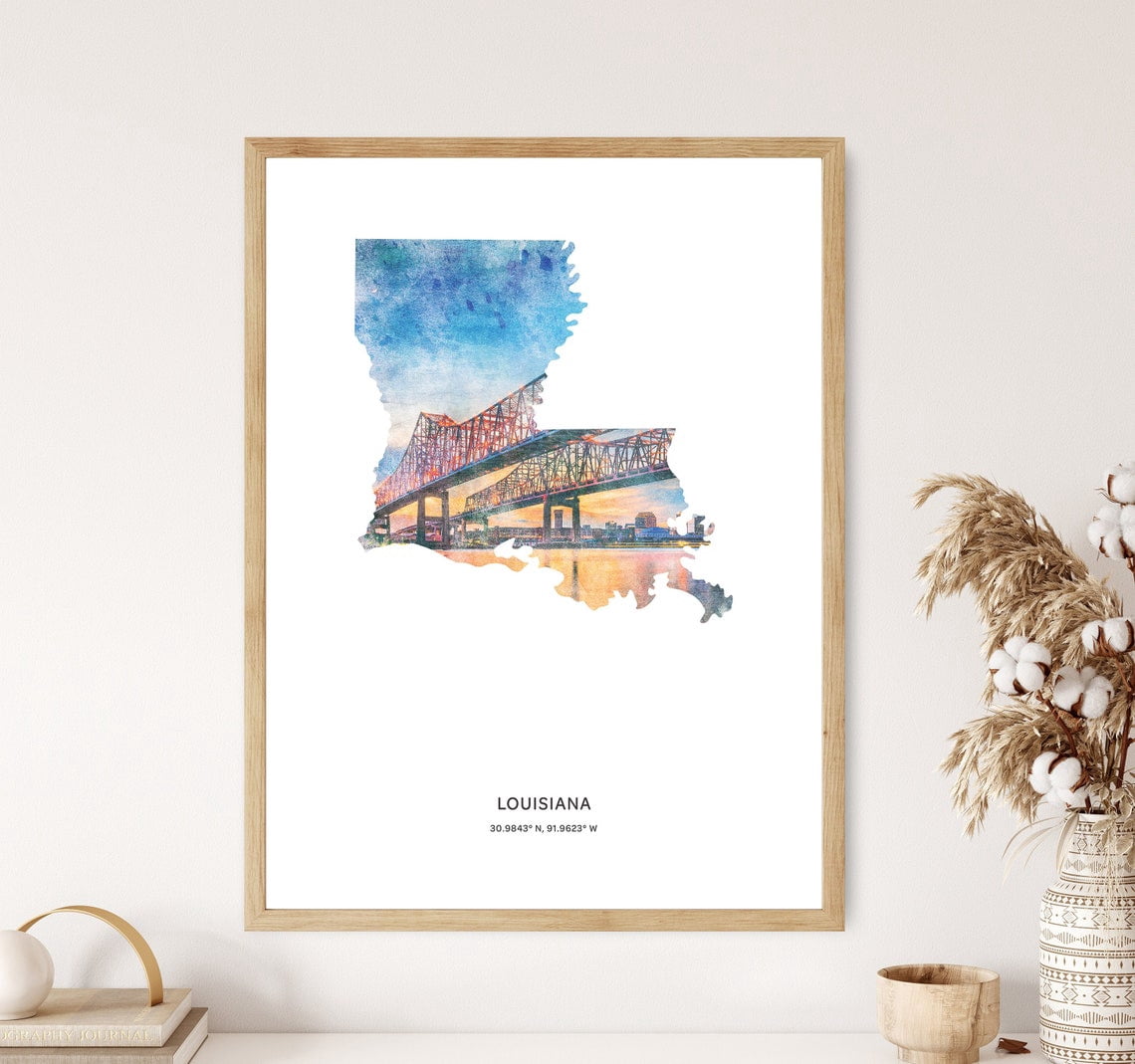 Louisiana Map Wall Art Print, Travel Inspired Home, Office And Gallery ...