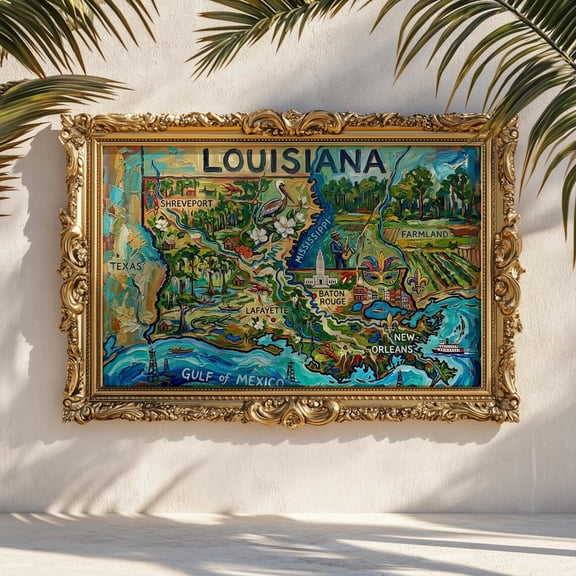 Louisiana Map Wall: New Orleans Wall Art Baton Rouge, Unframed Paper Print