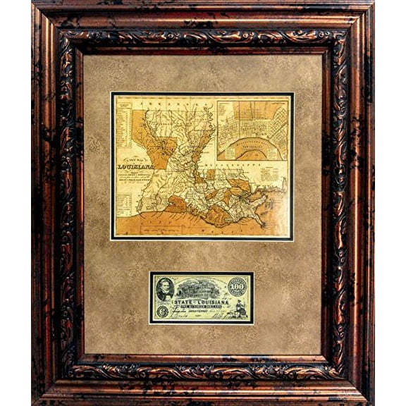 Louisiana Map and Money | Framed Historic Map and Currency in Double Mat | 23L X 27W" Inches