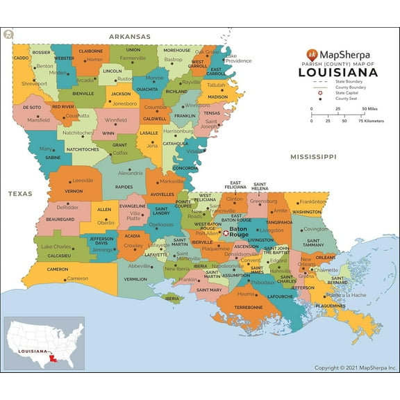 Louisiana Parishes (Counties) Map - Large - 48" x 41.75" Laminated