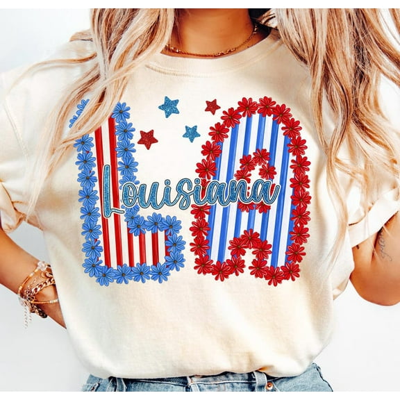 Louisiana State 4th of July T-Shirt, Red White Blue Floral Tee, Patriotic Louisiana Shirt, Independence Day USA Pride Top