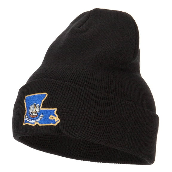 Louisiana State Flag Map Embroidered Long Beanie - Black OSFM