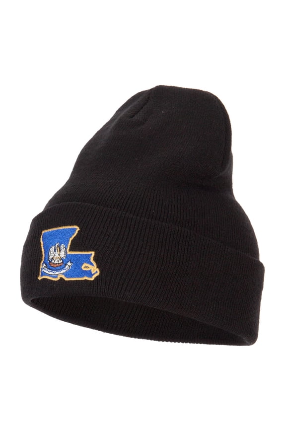 Louisiana State Flag Map Embroidered Long Beanie - Black OSFM