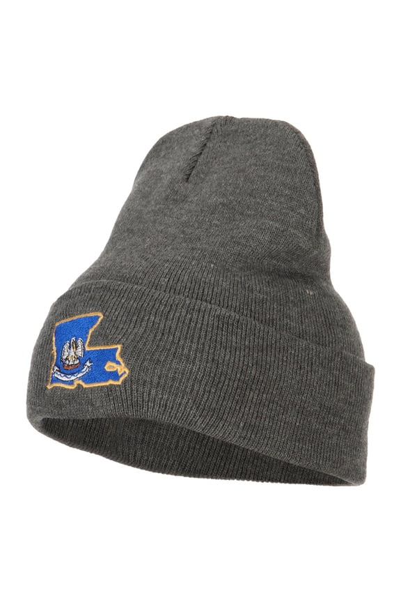 Louisiana State Flag Map Embroidered Long Beanie - Dk Grey OSFM