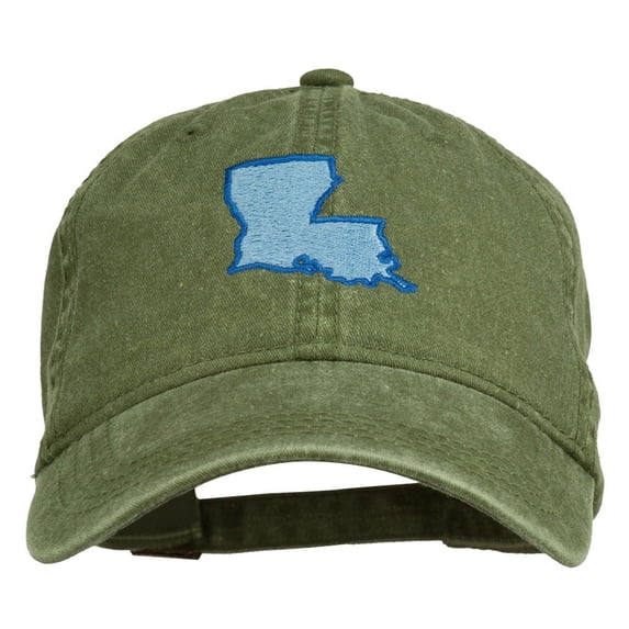 Louisiana State Map Embroidered Washed Cotton Cap - Olive Green OSFM