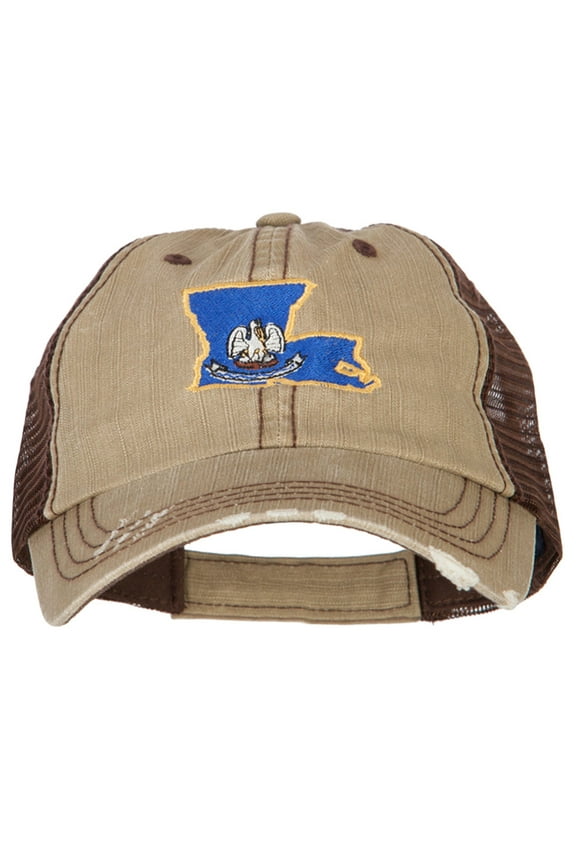 Louisiana State Map Flag Embroidered Low Profile Cotton Mesh Cap - Khaki Brown OSFM