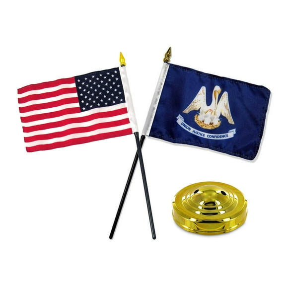 Louisiana State w/ USA America American Flag 4"x6" Desk Set Table Gold Base