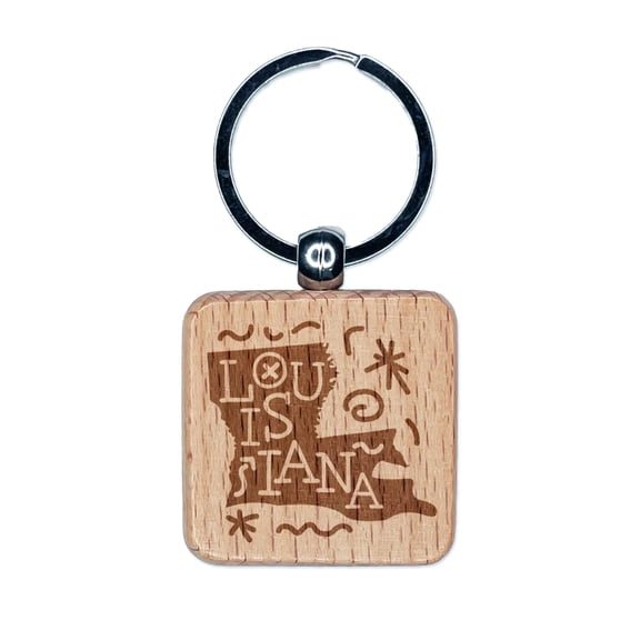 Louisiana State with Text Swirls Square Keychain Charm Tag - Engraved Wood