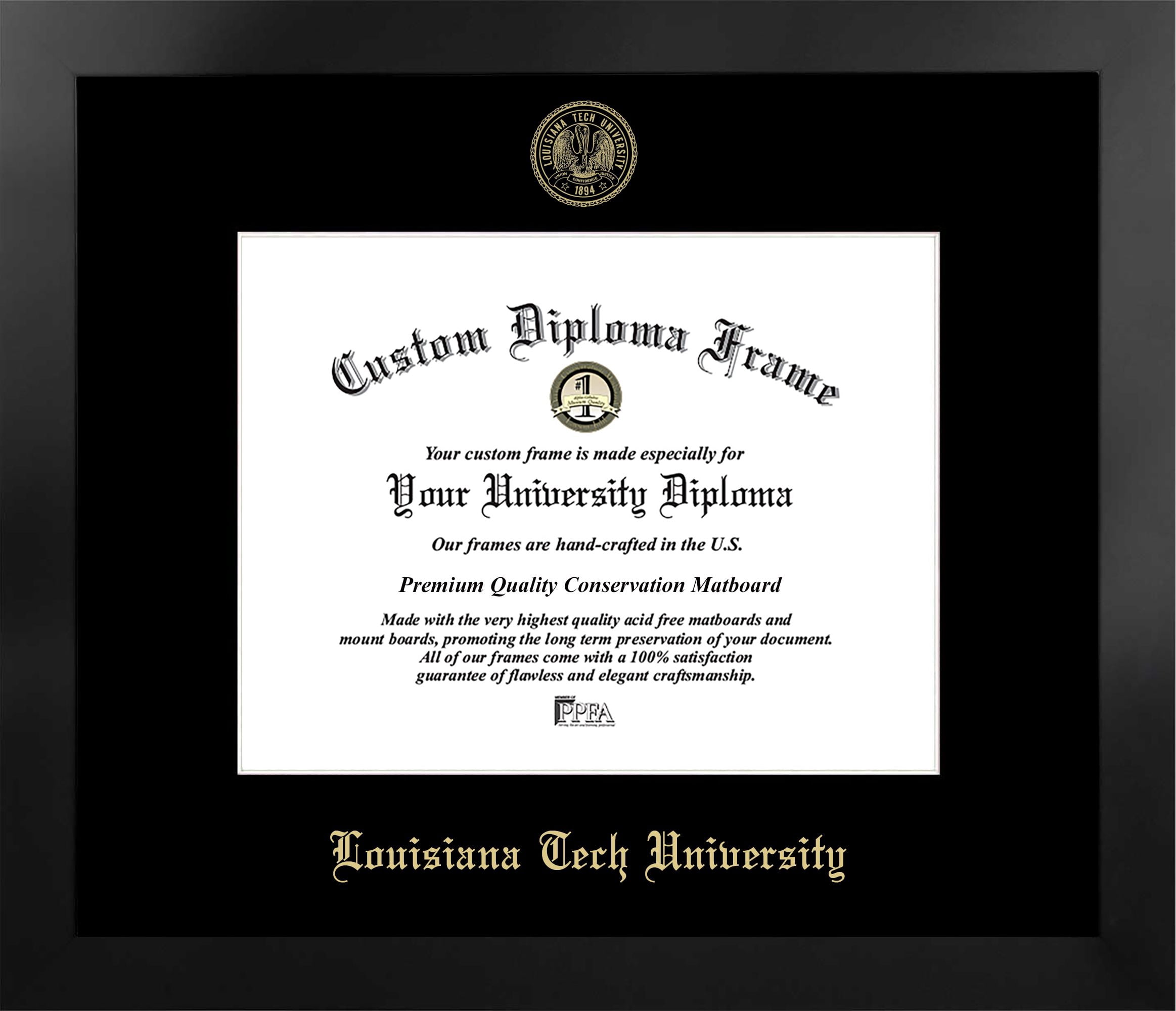 Louisiana Tech University 11w x 8.5h Manhattan Black Single Mat Gold Embossed Diploma Frame with Bonus Campus Images Lithograph (value savings at $59)