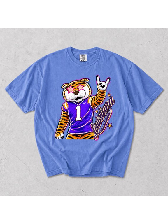 Louisiana Tiger Mascot T-Shirt, Purple Football Game Day Graphic Tee, Size S-4XL