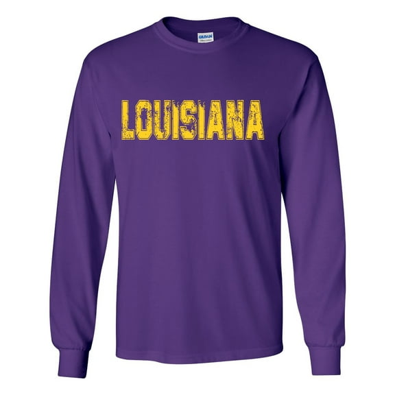 Louisiana Tshirt Football Team Color Purple and Gold Distressed Louisiana State Name Tiger Mens Long Sleeve T-shirt Graphic Tee-Purple-large