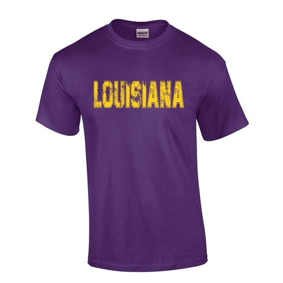 Louisiana Tshirt Football Team Color Purple and Gold Distressed Louisiana State Name Tiger Mens Short Sleeve T-shirt Graphic Tee-Purple-5xl
