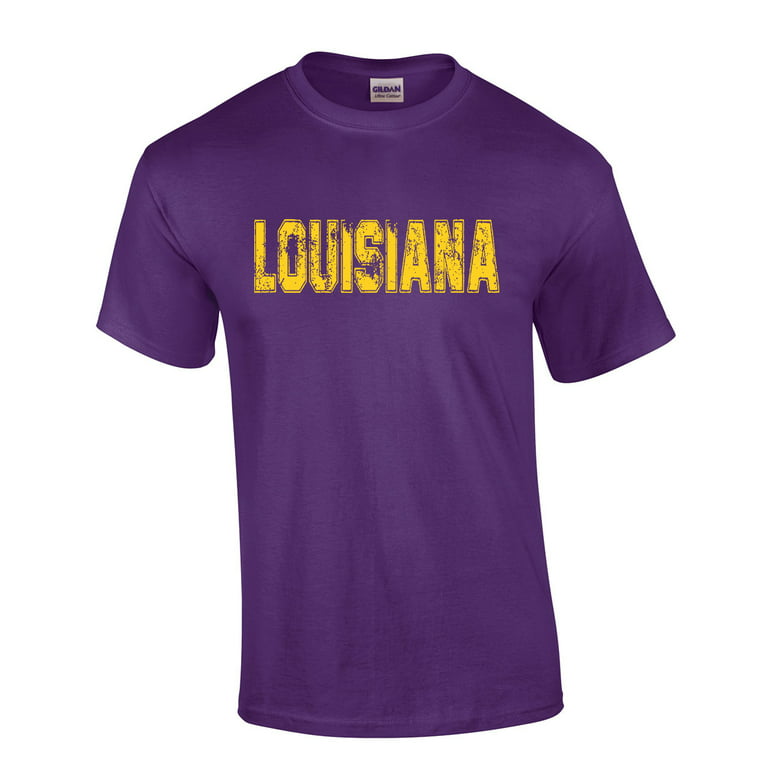 Louisiana Tshirt Football Team Color Purple and Gold Distressed Louisiana  State Name Tiger Mens Short Sleeve T-shirt Graphic Tee-Purple-xxxl