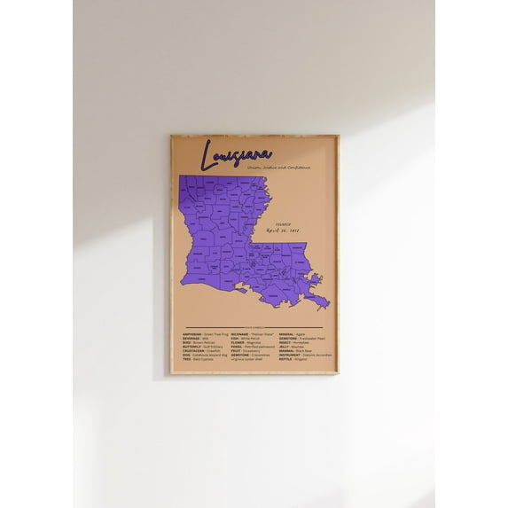 Louisiana Vintage Map Poster: Us State Art, Social Studies Decor, Unframed Poster Size 8x12
