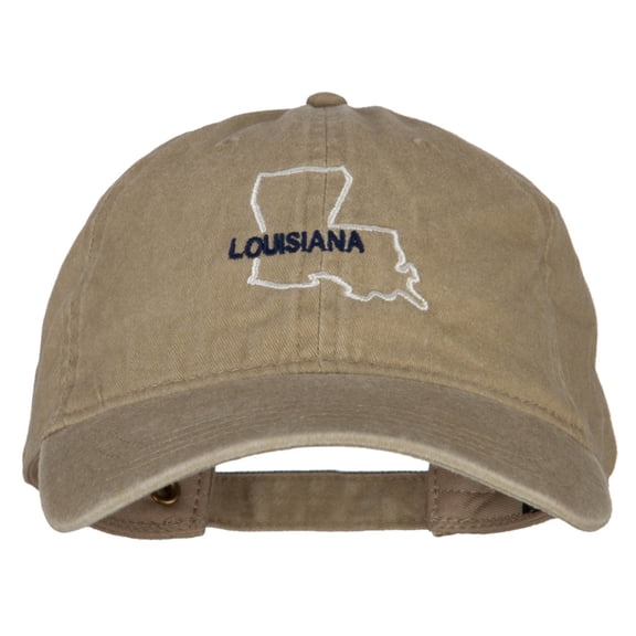 Louisiana with Map Outline Embroidered Washed Cotton Twill Cap - Khaki OSFM