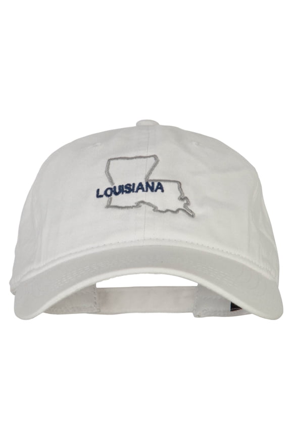 Louisiana with Map Outline Embroidered Washed Cotton Twill Cap - White OSFM