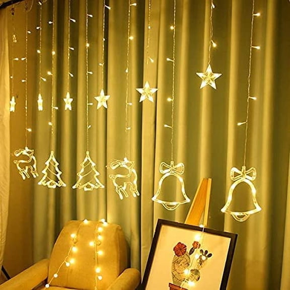 Louist Christmas Elk Bell Lights 3.5M Fairy Lights Window Curtain String Lights with 8 Flashing Modes for Xmas Wedding Party Home Decoration (Warm white,Without Remote Controller)