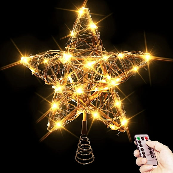 Louist Christmas Rattan Tree Topper Star- Christmas Rustic LED Light Up Tree Topper Decoration for Christmas Tree Decorations, Birthday, Wedding, Parties & Home Decorating
