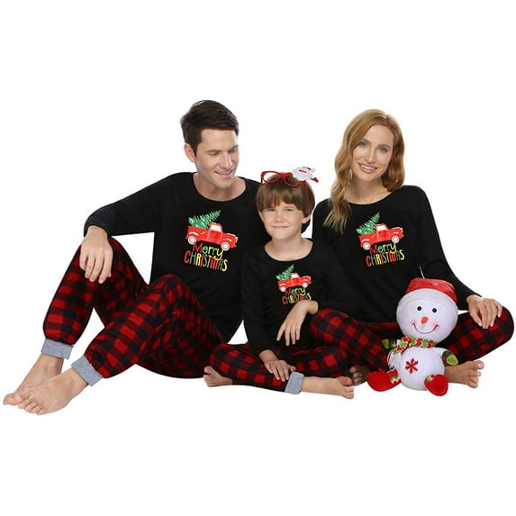 Louist Family Christmas Matching Pajamas Sets Car Print Long Sleeves Pullover Long Pants Plaid Xmas Clothes (Mom,XL)