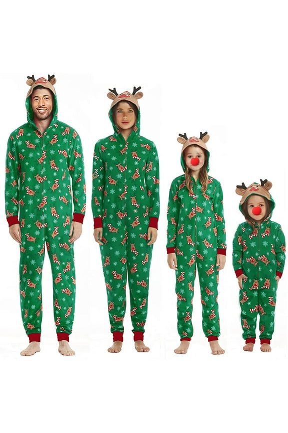 Family Matching Christmas Pajamas Set Sleepwear Jumpsuit Hoodie with Hood Matching Holiday PJ's for Family (Green/0-3M)