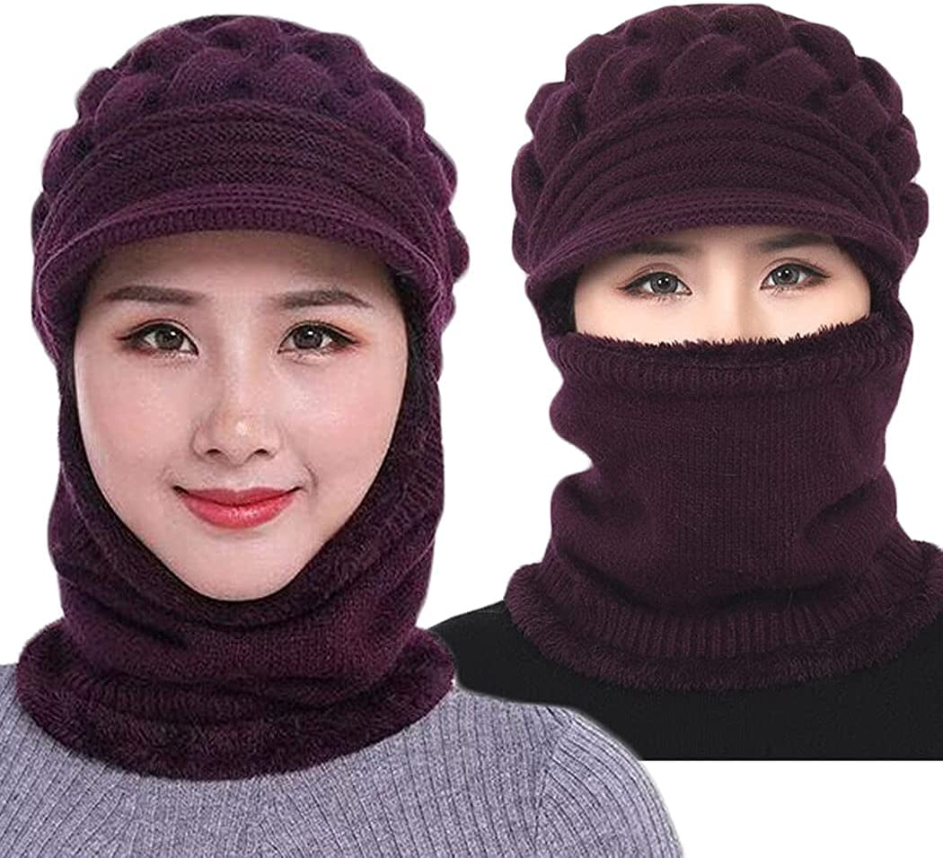 3 in 1 Fleece Lined Beanie Hat Set - Womens Knit Scarf & Mask 2-in-1