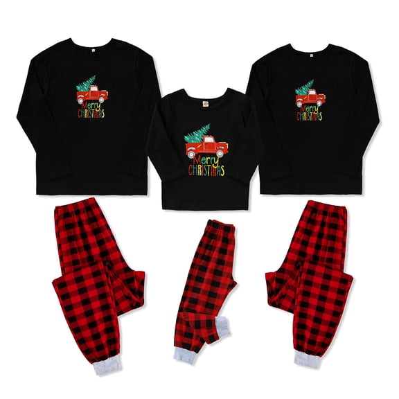 Louist Matching Family Pajamas Sets Holiday at Home PJ's with Letter Printed Long Sleeve Tee and Plaid Pants (Black,Women/L)
