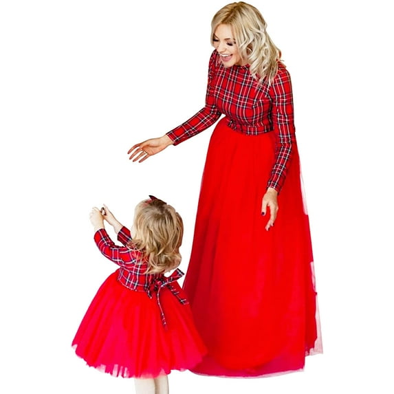 Sinhoon Mommy and Me Outfits Mother Daughter Christmas Matching Dress Long Sleeve Plaid New Year Clothes (Mom,M)