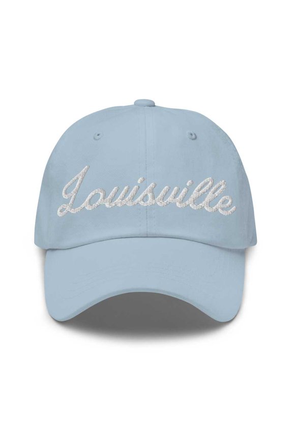 Louisville Baseball Cap Louisville Dad Hat Bold Script Oklahoma OK Hat Embroidered Souvenir Gift Light Blue