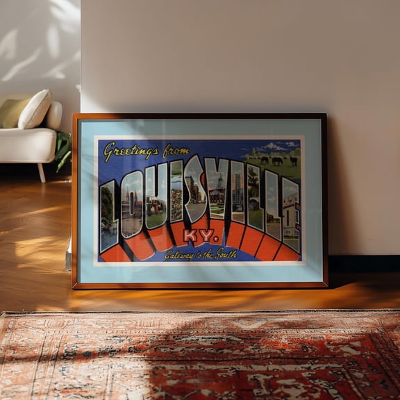 Louisville Kentucky Print Real Vintage Postcard Retro Ky Wall Art Horizontal Print Red And Blue Artwork Home Decor #466, Unframed Poster Size 8x12