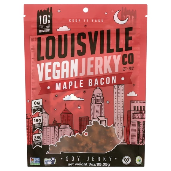 Louisville Vegan Jerky Co, Maple Bacon, 3 oz - Plant Based, Non-GMO, Gluten-Free
