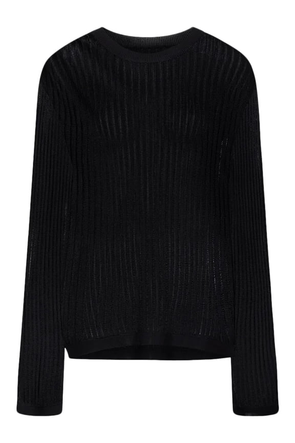 Semi-Sheer Black Sweater With Ribbed Knit Texture (Women's)