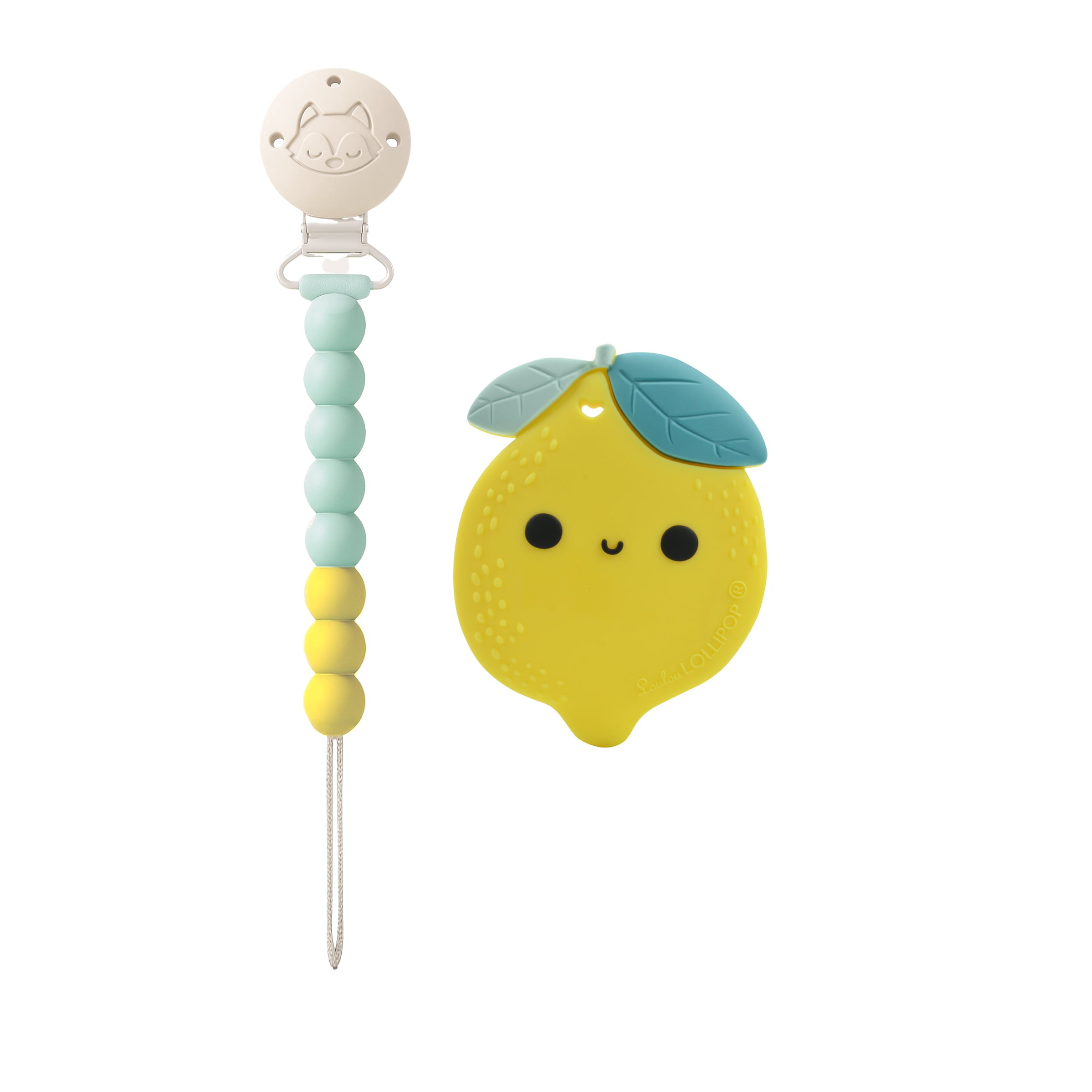 Loulou Lollipop Pacifier Clip/Teether OneC Set for Babies and Toddlers 4 Months+, Easy to Clean - Lemon