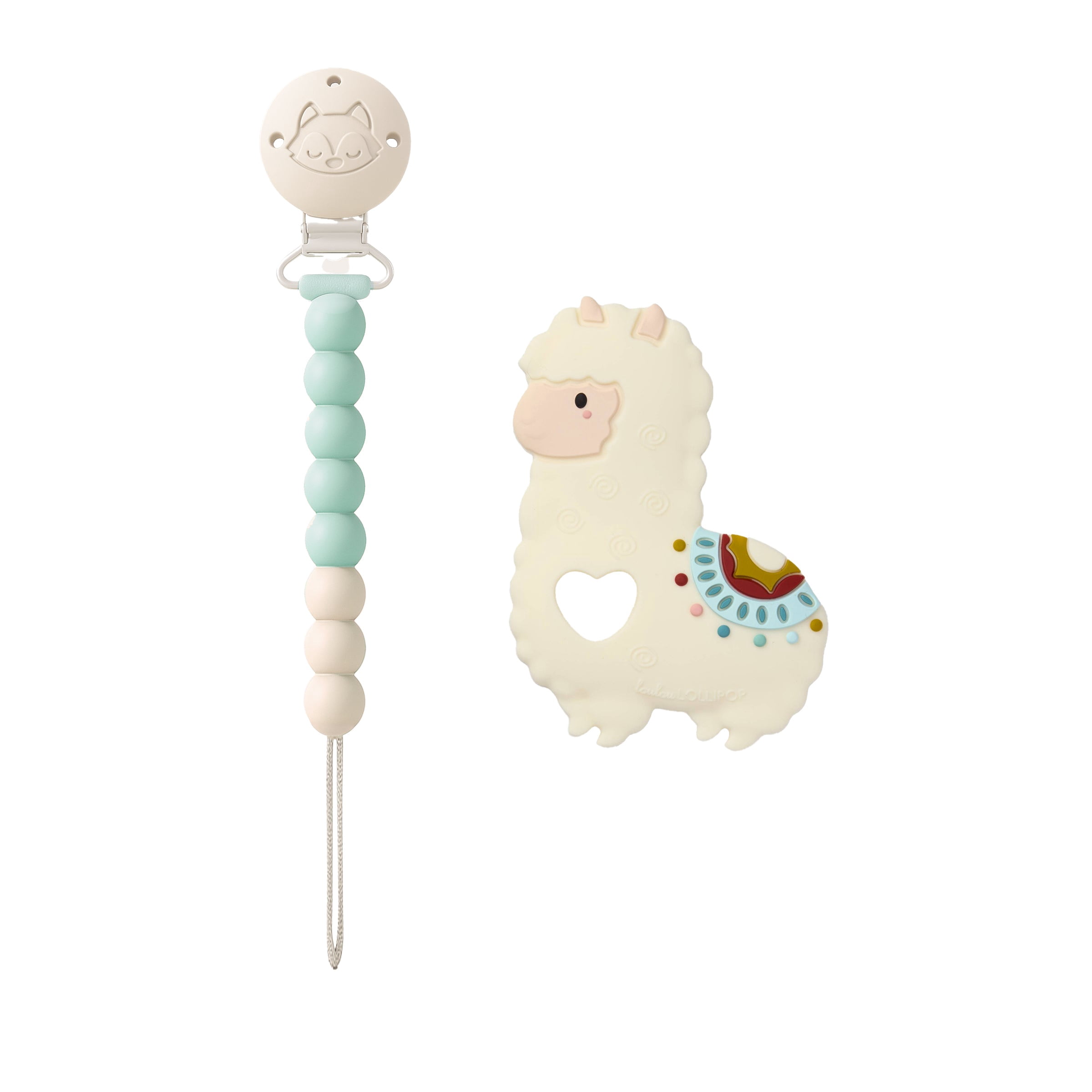 Loulou Lollipop Pacifier Clip/Teether OneC Set for Babies and Toddlers 4 Months+, Easy to Clean - Llama