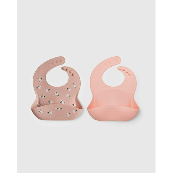 Loulou Lollipop Silicone feeding Bibs Set - White Flower / Pink