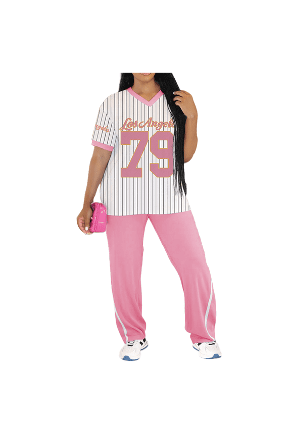 Lounge 2 Piece Sets for Women Summer Casual Outfits Jersey Shirts and High Waisted Pants Sets Pink M