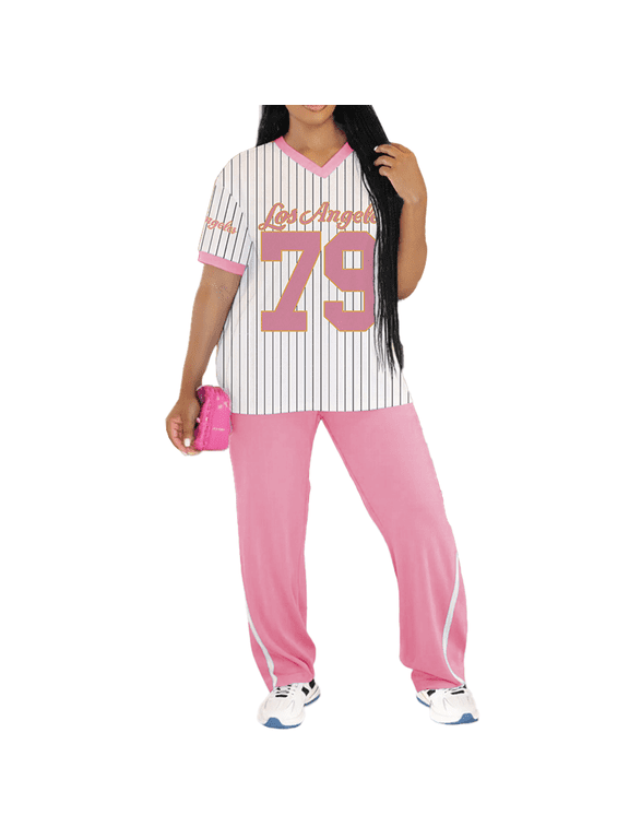 Lounge 2 Piece Sets for Women Summer Casual Outfits Jersey Shirts and High Waisted Pants Sets Pink XL