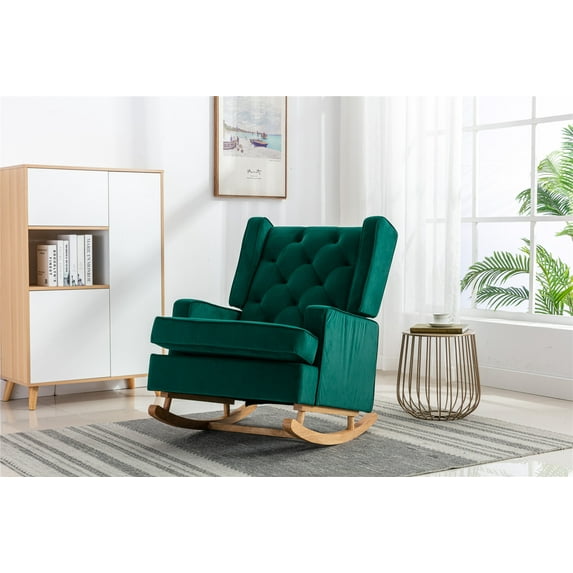 Lounge Accent Rocking Chair Upholstered Tall Back Rocker Chair Mid-Century Modern Rocking Armchair for Nursery, Living Room, Bedroom, with Solid PlyWood Frame and Rubber Wood Legs, Emerald