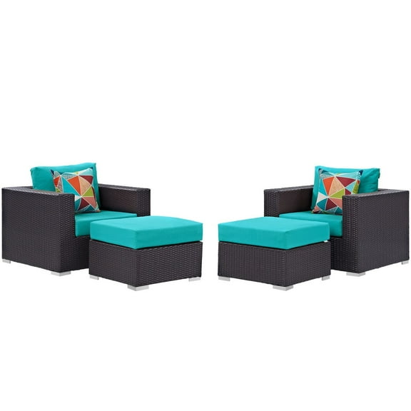 Lounge Armchair Ottoman Set, Blue, Rattan, Wicker, Outdoor Patio Balcony Cafe Bistro Garden Hospitality Restaurant, Modern Contemporary HB33000