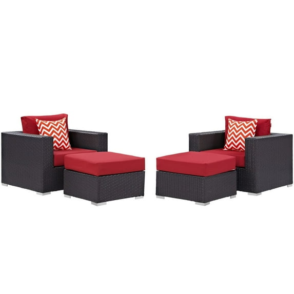 Lounge Armchair Ottoman Set, Red, Rattan, Wicker, Outdoor Patio Balcony Cafe Bistro Garden Hospitality Restaurant, Modern Contemporary HB32999