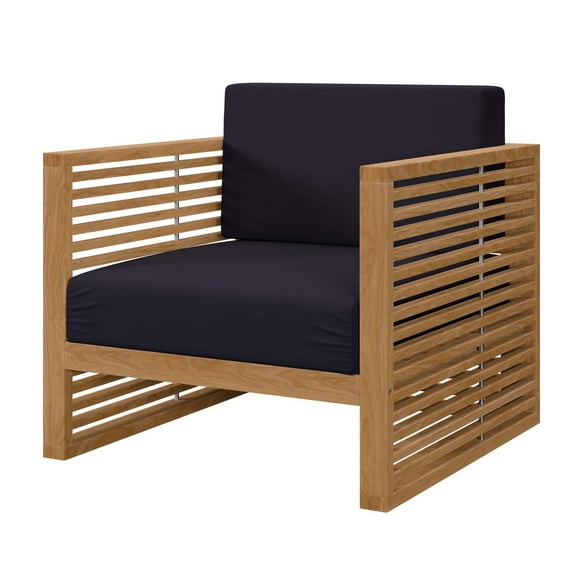 Lounge Chair Armchair, Blue Navy Natural, Teak Wood, Fabric, Modern Contemporary, Outdoor Patio Balcony Cafe Bistro Garden Furniture Hotel Hospitality