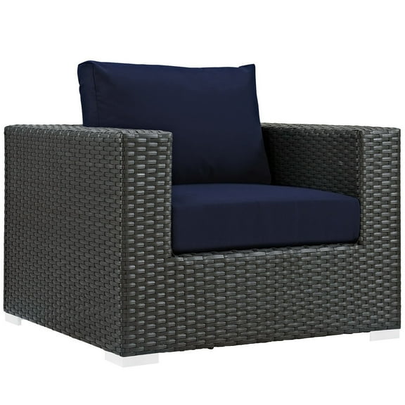 Lounge Chair Armchair Lounge Chair, Navy Blue, Wicker Rattan, Outdoor Patio Balcony Cafe Bistro Garden Hospitality Restaurant, Modern Contemporary, HB36967