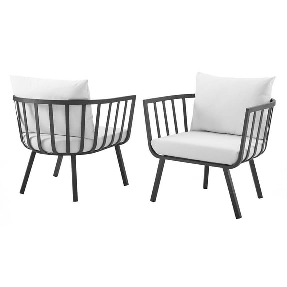 Lounge Chair Armchair, Set of 2, Aluminum, Metal, Steel, Grey Gray White, Modern Contemporary Urban Design, Outdoor Patio Balcony Cafe Bistro Garden Furniture Hotel Hospitality