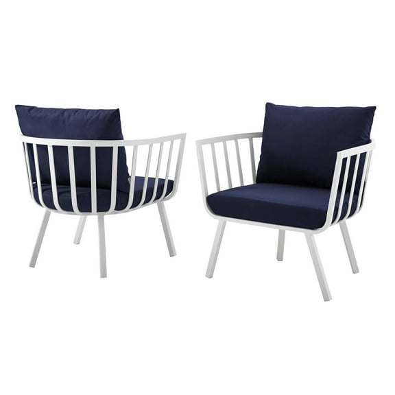 Lounge Chair Armchair, Set of 2, Aluminum, Metal, Steel, White Blue Navy, Modern Contemporary Urban Design, Outdoor Patio Balcony Cafe Bistro Garden Furniture Hotel Hospitality