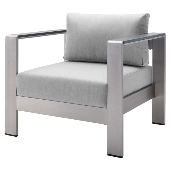 Lounge Chair Armchair, Sunbrella, Fabric, Aluminum, Metal, Steel, Silver Grey Gray, Modern Contemporary Urban Design, Outdoor Patio Balcony Cafe Bistro Garden Furniture Hotel Hospitality