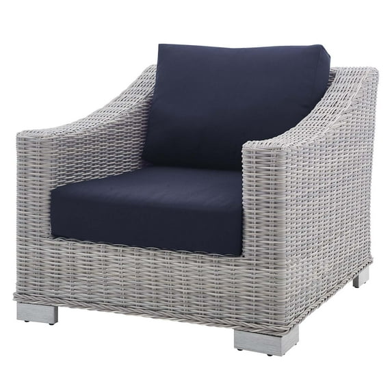 Lounge Chair Armchair, Sunbrella, Rattan, Wicker, Light Grey Gray Blue Navy, Modern Contemporary Urban Design, Outdoor Patio Balcony Cafe Bistro Garden Furniture Hotel Hospitality