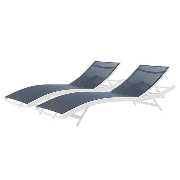 Lounge Chair Chaise, Set of 2, Aluminum, Metal, Steel, White Blue Navy, Modern Contemporary Urban Design, Outdoor Patio Balcony Cafe Bistro Garden Furniture Hotel Hospitality