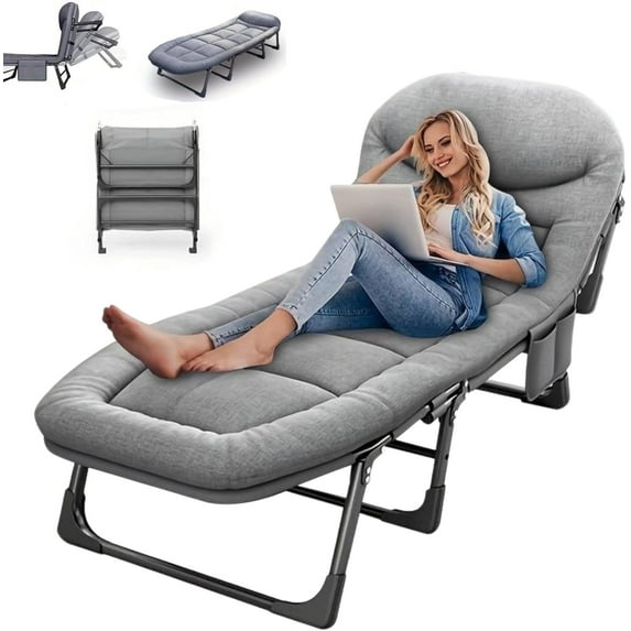 Lounge Chair, Folding Cot, 6-Angle Adjustable Camping Cot with Mattress for Patio and Beach, Foldable Bed Portable Heavy Duty Lay Flat Reclining with Pillow (Gray, M - 70'')